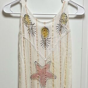 Taj Mahal Sz M Cream Maxi Dress Beachy w Rose Gold Metallic Stripes NO SZ TAGS